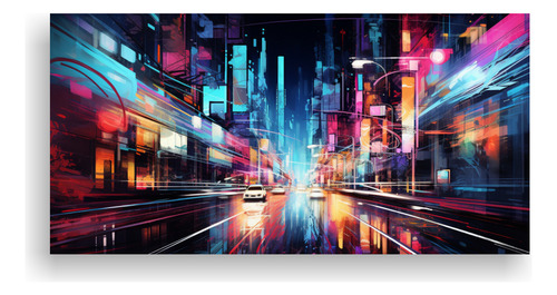 60x30cm Cuadro Abstracto: Fusión De Pop Art Y Ciudad Neón