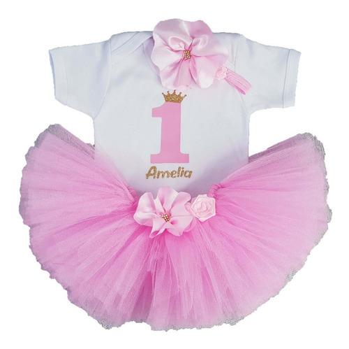 Conjunto Tutu 1 Corona Nombre Pañalero Algodon 0a24 Meses