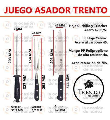 Imagen 2 de 7 de Set Asador Cuchillo Trinche Y Chaira Acero Trento Gourmet