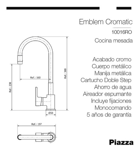Imagen 2 de 5 de Grifo De Cocina Monocomando Flexible Piazza Emblem 10016