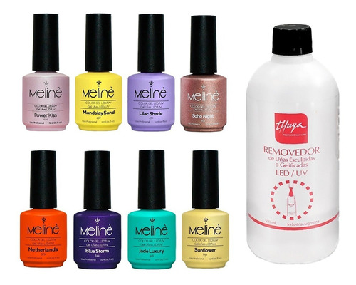 8 Esmaltes Meline Semipermanente Uñas + Removedor X 500 Ml