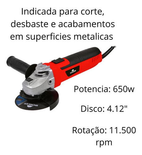 Esmerilhadeira Angul 4.1/2 650w 220v 6 Peças - Worker Cor Vermelha Frequência 50/60Hz