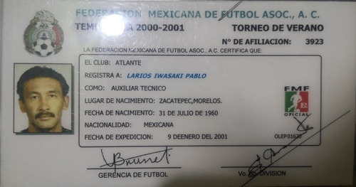 Registro Original De Auxiliar Técnico Club Atlante Pablo Lar