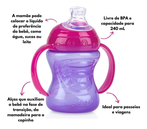 Copo Bebês Com Alça Antivazamento Bico Silicone Lilás Nûby