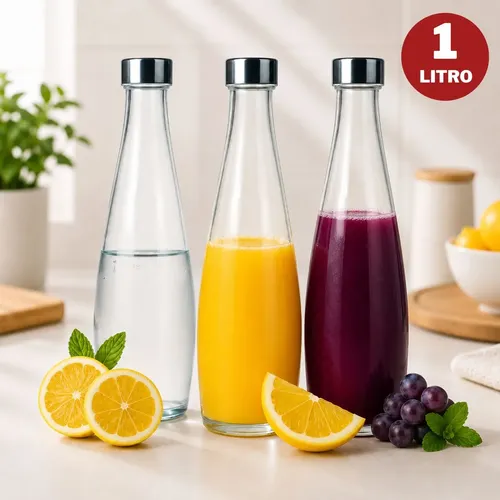 Kit 2 Garrafas De Vidro 1 Litro Tampa Inox Água Geladeira 2 Unidades