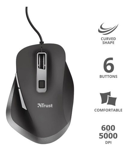 Mouse para jogadores Trust Fyda de 6 botões 5000 Dpi, cor preta