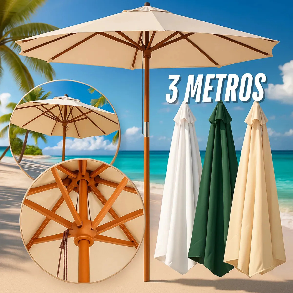 Ombrelone Guarda Sol 3 Metros Cor Bege Jardim Lisa Piscina Praia Quiosque Varanda Marca Kururuá