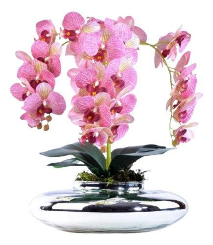 Arranjo 4 Orquídeas Artificiais Rosa Em Terrário Prata Yasmi