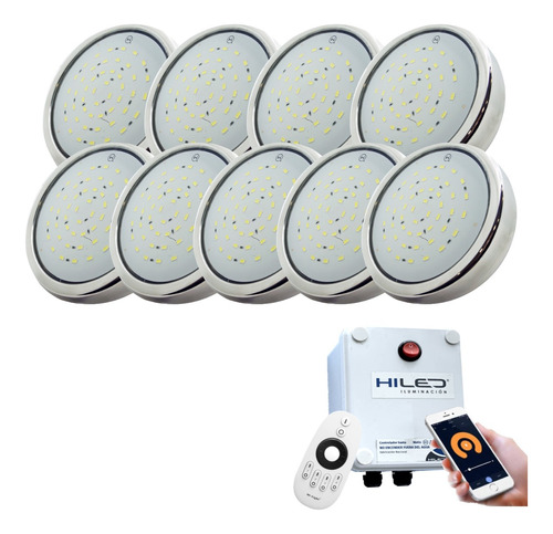 9 Luces Para Pileta Led Blanco+fuente+control Remoto+wifi