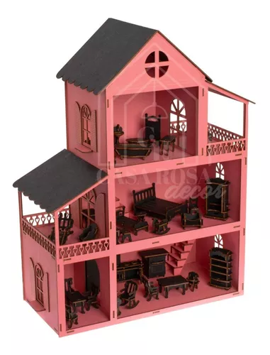 Casa De Boneca Barbie Completa Adesivada Mdf Móveis E Parque