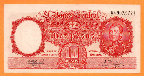 Billete 10 Pesos Moneda Nacional Bottero 1970, Año 1961 Mb +