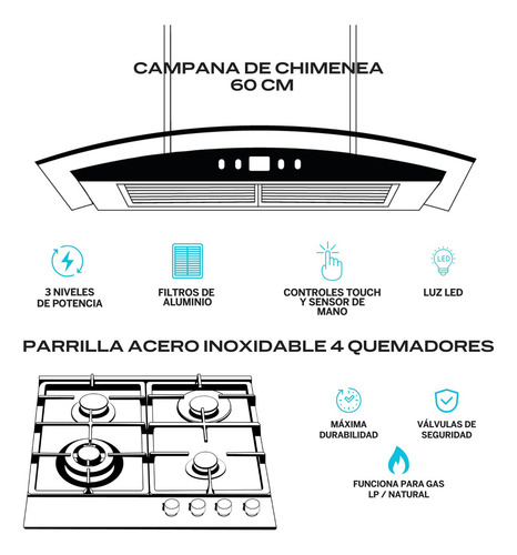 Combo Parrilla De Gas Y Campana Extractora 60 Cm | Lu4tr60 Color Gris
