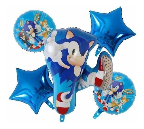 Globo Metálico Sonic Tipo Bouquet 5 Piezas Cumpleaños Fiesta