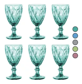 Juego 6 Copas De Vino Agua Vidrio Cristal Color Grande 340ml Color Azul Tiffany