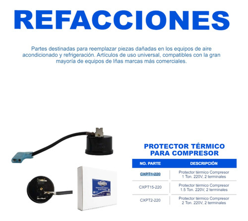 4 Protectores Termicos Compresor 1 Ton 220 V, 2 Terminales
