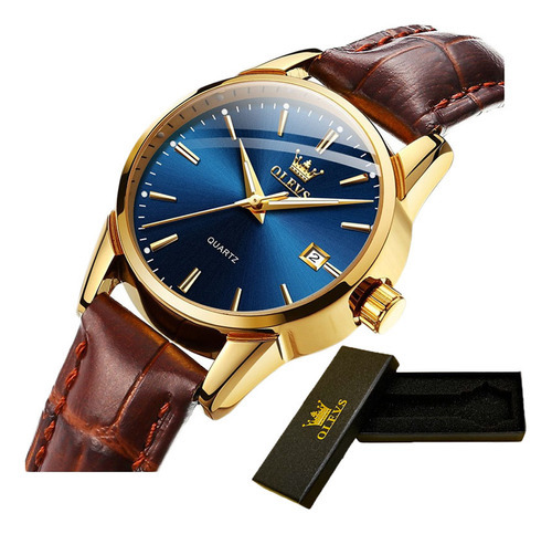 Reloj Ultrafino Luminoso De Piel Olevs Para Mujer Color Del Fondo Gold/blue