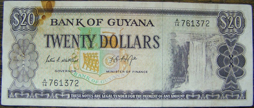 Imagen 1 de 2 de Guyana 20 Dollars 1989 * Cataratas Kaieteur *