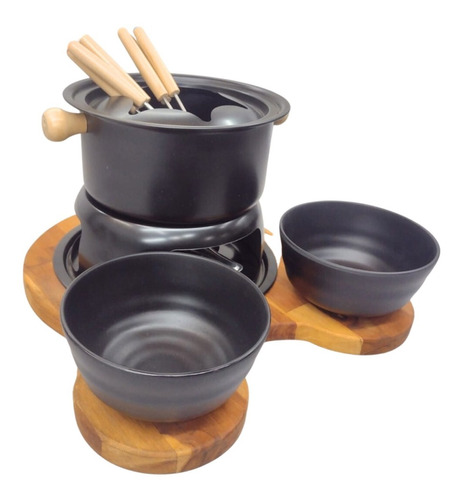 Kit  Fondue 11 Pçs Tabua Madeira Teca Mickey 2 Tigelas Bowl 