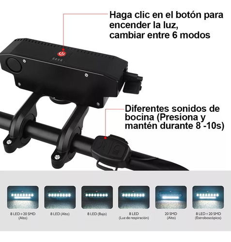 Ycrigns® Luz Para Bicicleta 10000 Lúmenes Impermeable 8 Led Recargable 7 Modos, Lampara Bicicleta Luces De Bicicleta Accesorios Con Luz Trasera, 4000mah Luces Impermeables Bicicleta Para Montar
