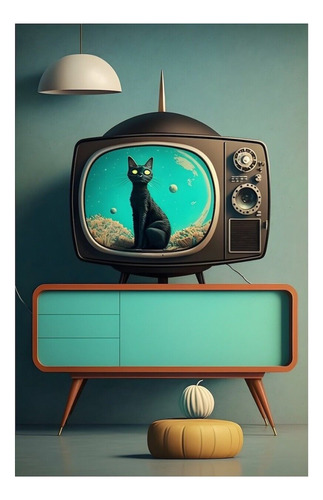 Cauadro De Gato Televisor Era Atómica Moderna D 1/2 De Siglo