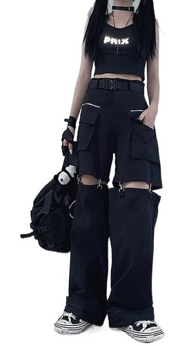 Gothic Techwear Emo Black Cargo Pantalones Mujer Punk Oversi