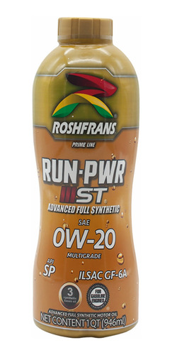 Aceite De Motor Tri Sintético Roshfrans Run-pwr 0w20 950 Ml