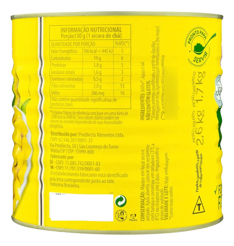 Milho Verde Em Conserva Lata 1,7kg Kit Com 2 Unidades