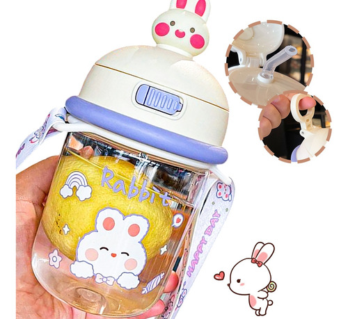 Botella De Agua Portatil Kawaii Infantil Con Popote