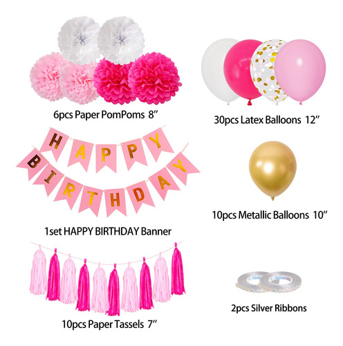 Kit Fiesta De Cumpleaños Rosa Dorado Globos Pompones 64pcs