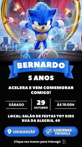 Convite Digital Interativo Tema Sonic - Desconto no Preço