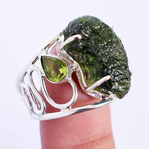 Anillo De Plata Con Moldavita Y Peridoto, Joyería Hecha A Ma
