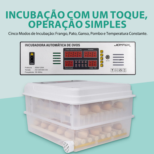 Joyfox Chocadeira Incubadora Automática para 120 Ovos Controle fe Temperatura e Umidade com Display Digital 5 Modos Giro Automático Fonte de Alimentação Dupla 12v/127v