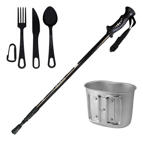 Kit Bastao De Caminhada + Talheres + Caneca Porta Cantil
