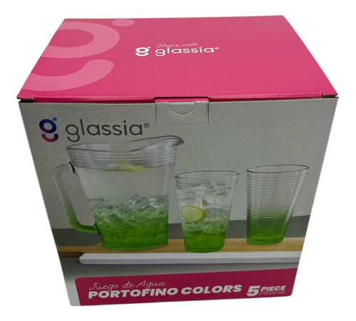 Juego De Agua Portofino Verde, 1 Jarra 1.7lt + 4 Vasos 490ml