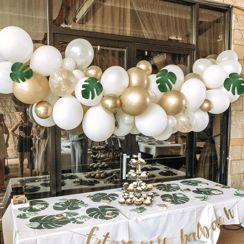 Set Arco Globos Blanco Y Dorado + Cinta +anudador 103 Piezas
