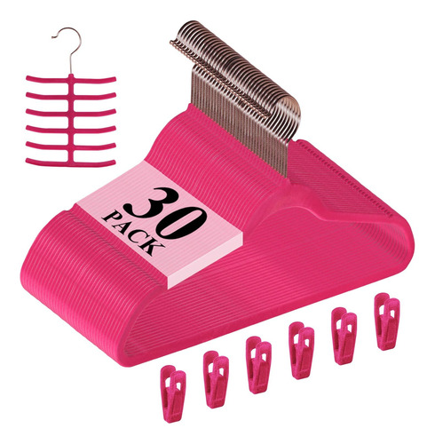 Perchas De Terciopelo Premium + Clips - Pack 30u. Rosa Osc.