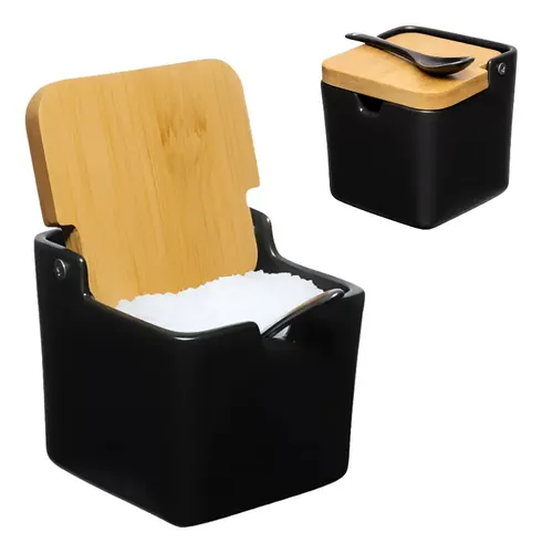 Saleiro Porcelana Preto Tampa De Bambu Com Colher Tempero