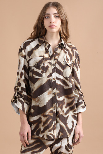 Chaqueta Sobrecamisa Con Lino, Animal Print, Café Liola