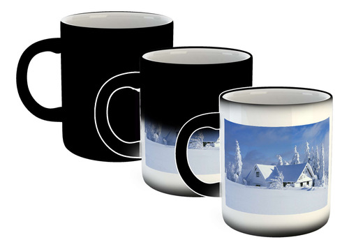 Taza Magica Invierno Cabaña Y Pinos Nevados M1