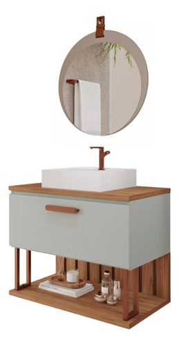 Gabinete Banheiro Com Cuba Duna 60cm Pistache C/ Espelho Lua Cor do móvel PISTACHE / FREIJO Quantidade de furos para torneira Sem furos