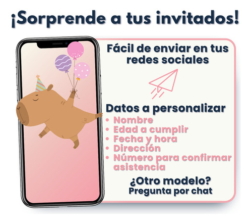 Invitación Digital Web Interactiva Animada Capibara Rosa Morado