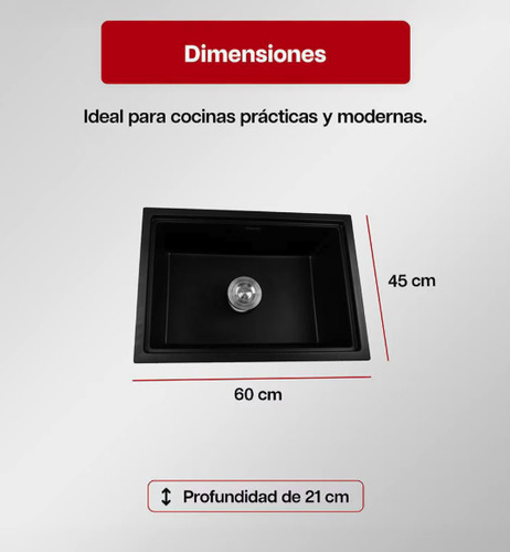 Tarjas para Cocina de Cuarzo de Alta Calidad 60x45 cm Negro Mate Profundidad 21 cm Instalación Submontar o Empotrar con Contracanasta de Acero Inoxidable Maxims CS6545