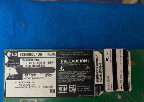 Tarjeta Main Lg 65sm8600pua Ver Bwmyljr / Eax68382502 (1.0) (Usado)