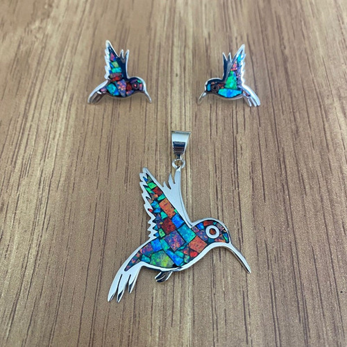 Imagen 4 de 10 de Dije Y Aretes Colibrí Ópalo Plata 925 Mujer Agálea Joyería