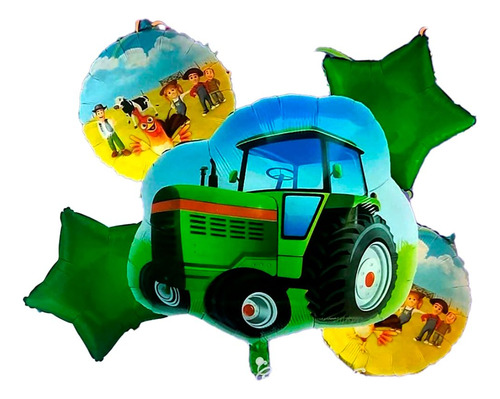 Bouquet Globos Tractor Granja Con Estrellas Verde