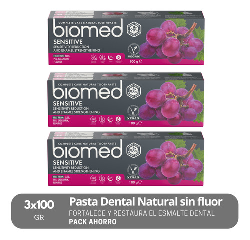 Pack 3 Pastas Dentales Naturales Biomed Sensitive 100g