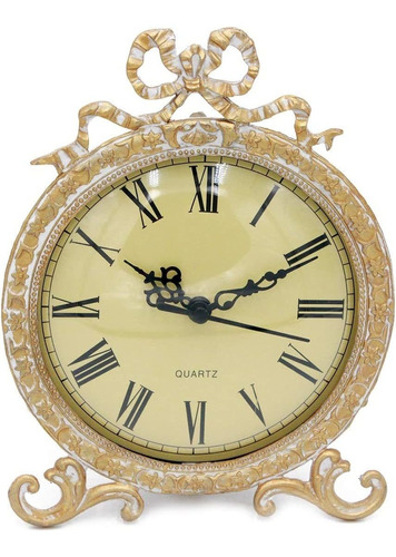 Reloj De Mesa De Peltre Vintage Con Lazo Dorado Antiguo...
