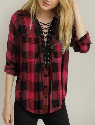 Blusa De Mujer Manga Larga A Cuadros Con Cuello En V Suelta