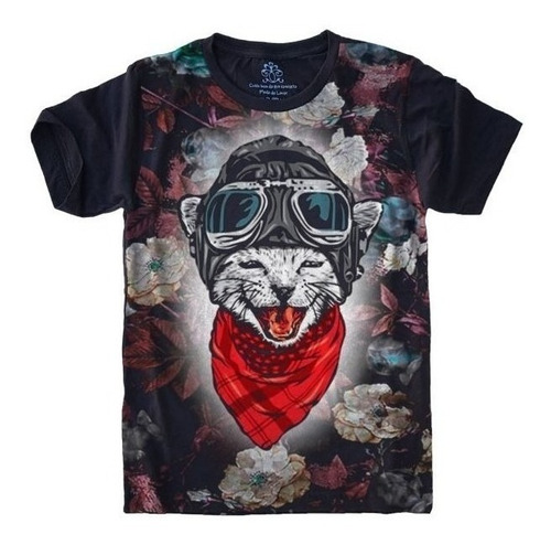 Camiseta Unissex Preta Gato Aviador Manga Curta Plus Size