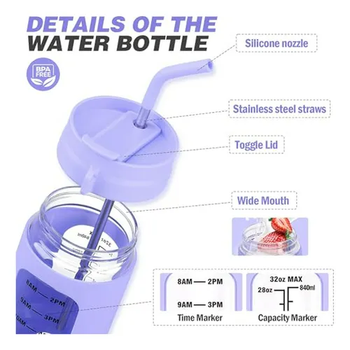Vaso De Vidrio 32oz Con Popote Y Tapa, Bpa Free, Morado